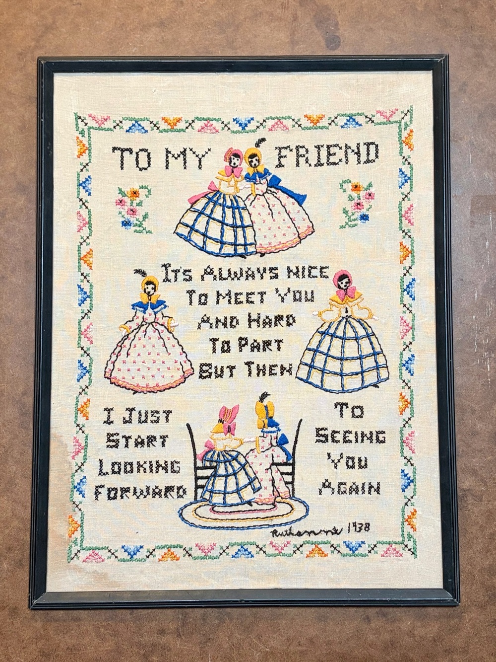 Vintage- 1938 Hand-Stitched Friendship Cross Stitch Sampler -Signed Ruthanne